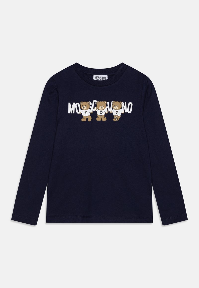 Tengerészkék hosszú ujjú póló, amely három illusztrált medvét ábrázol és fehér színű "MOSCHINO TOY" feliratot tartalmaz. Pamut anyagú, kerek nyakkivágással.