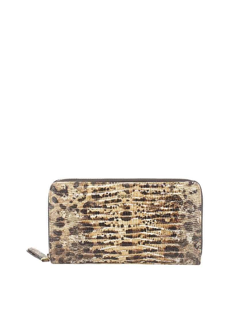 Long wallet in beige and brown snake print, featuring a smooth texture, zipper closure, and a small side pull tab.