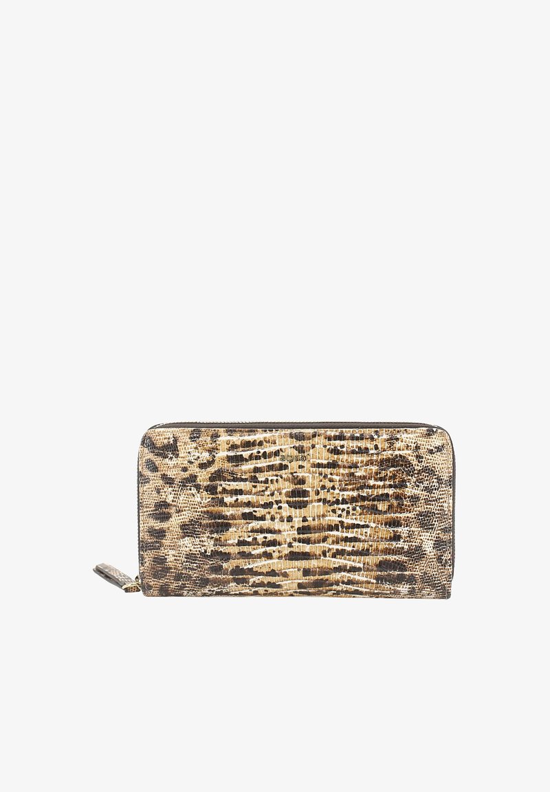 Long wallet in beige and brown snake print, featuring a smooth texture, zipper closure, and a small side pull tab.