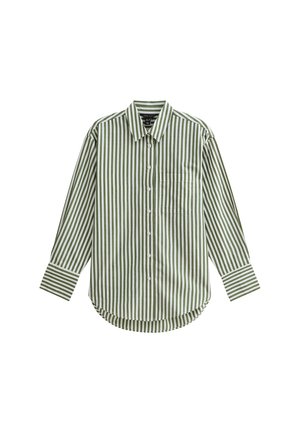 Camicia a maniche lunghe a righe verdi e bianche con colletto button-down, taschino sul petto e orlo arrotondato. Realizzata in tessuto leggero.
