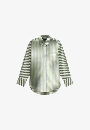 Camicia a maniche lunghe a righe verdi e bianche con colletto button-down, taschino sul petto e orlo arrotondato. Realizzata in tessuto leggero.