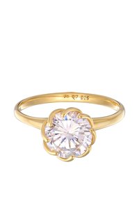 Bague en or avec un grand cristal rond taillé enchâssé dans une monture festonnée. Poinçonnée "925" à l'intérieur de l'anneau. Fini lisse et poli.