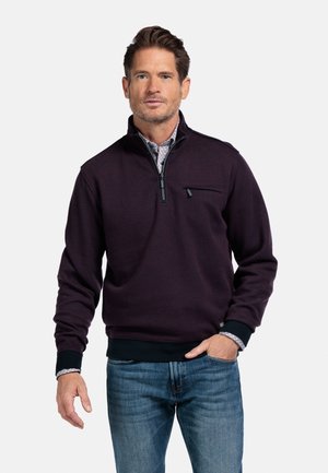 Donkerpaarse pullover sweatshirt met een halve ritssluiting, borstzak en ribgebreide manchetten. Draagt over een gemêleerd shirt met blauwe spijkerbroek.