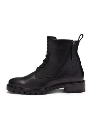 Black leather ankle boot with side zipper, front laces, pull tab, and thick rubber sole with tread for grip.
