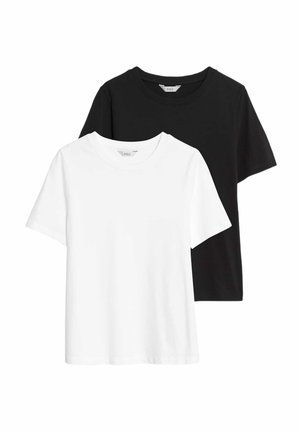 Dos camisetas de algodón: una blanca con cuello redondo y la otra negra, ambas de manga corta y con una textura suave.