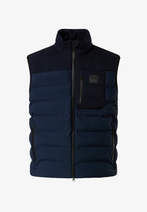 Gilet imbottito blu navy con colletto alto, chiusura frontale con zip e due tasche laterali. Presenta una tasca sul petto e dettagli in tessuto strutturato.