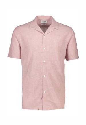 Chemise à manches courtes en lin rose clair, avec un col décontracté, une fermeture à deux boutons et un aspect texturé, légèrement tissé.