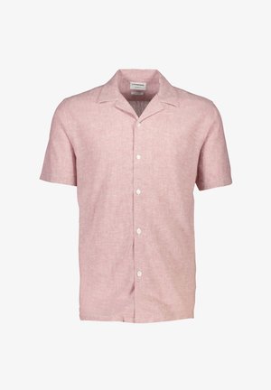 Chemise à manches courtes en lin rose clair, avec un col décontracté, une fermeture à deux boutons et un aspect texturé, légèrement tissé.