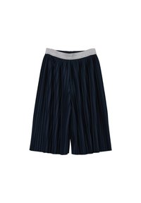 Marineblauwe geplooide culottes met een zilveren elastische tailleband, met een vloeiende uitstraling en een textuurstof voor extra visuele aantrekkingskracht.