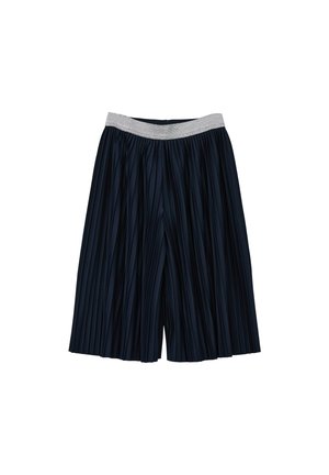 Marinefarbene plissierte Culottes mit einem silbernen Gummibund, die ein fließendes Design und einen strukturierten Stoff für zusätzlichen visuellen Reiz aufweisen.