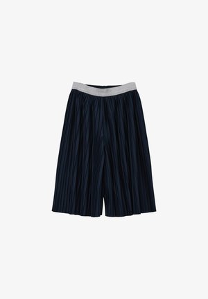 Marineblauwe geplooide culottes met een zilveren elastische tailleband, met een vloeiende uitstraling en een textuurstof voor extra visuele aantrekkingskracht.