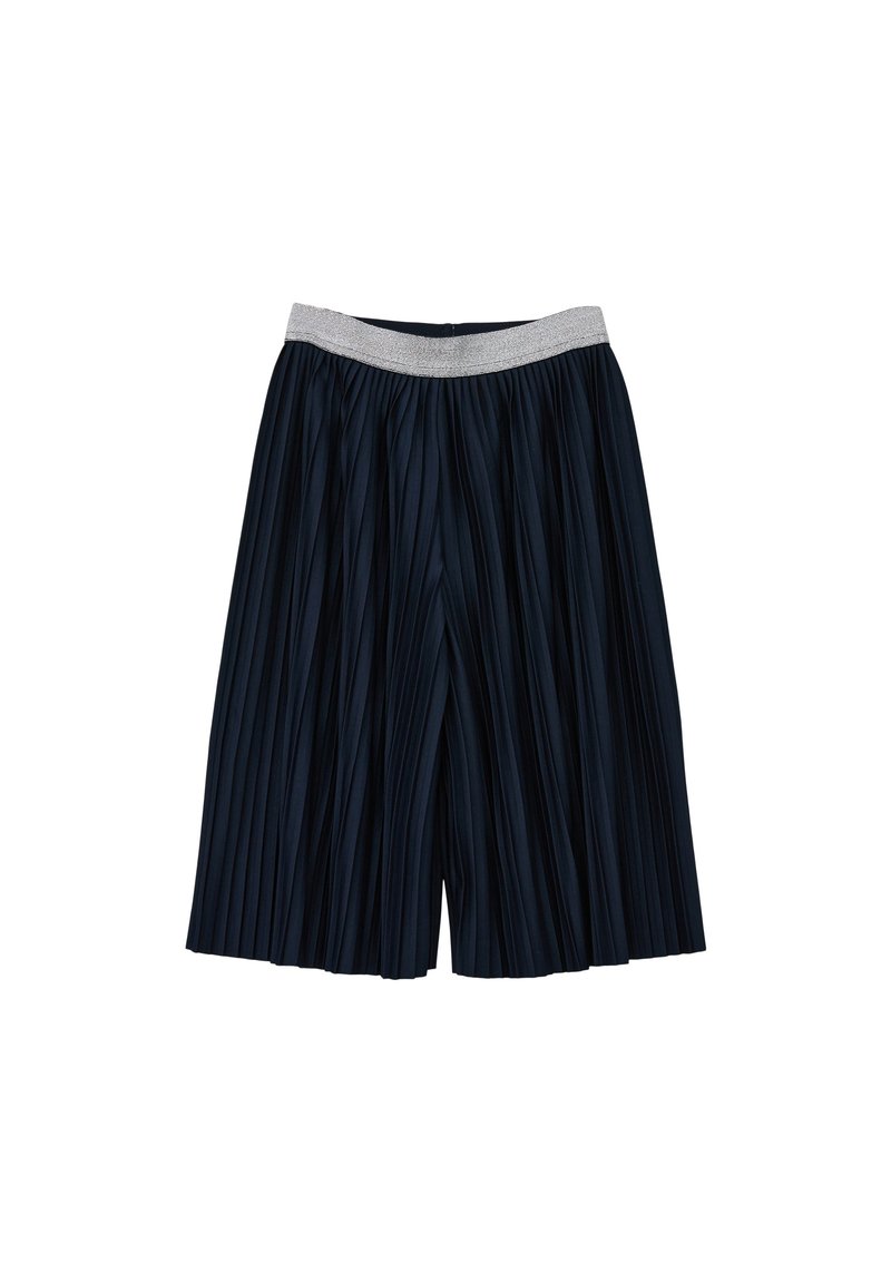 Marineblauwe geplooide culottes met een zilveren elastische tailleband, met een vloeiende uitstraling en een textuurstof voor extra visuele aantrekkingskracht.