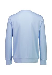 Ljusblå tröja tillverkad av mjukt material, med rundad hals, långa ärmar och ribbad nederkant och ärmslut, med en slät yta.