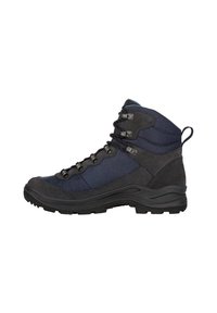 Wanderschuh mit einem Obermaterial aus navy Stoff und dunkelgrauen Wildlederelementen. Verfügt über Metallhaken für die Schnürsenkel, einen gepolsterten Kragen und eine robuste schwarze Sohle.