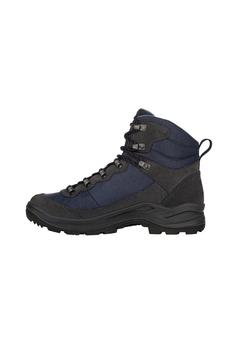 Wanderschuh mit einem Obermaterial aus navy Stoff und dunkelgrauen Wildlederelementen. Verfügt über Metallhaken für die Schnürsenkel, einen gepolsterten Kragen und eine robuste schwarze Sohle.