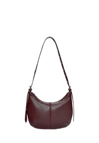 Borsa hobo in pelle bordeaux con silhouette curvata, chiusura con zip e tracolla con dettagli in metallo di colore argento.
