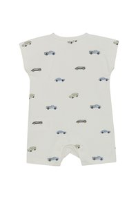 Witte katoenen romper met een speelse autoprint in blauw en geel, korte mouwen en drukknoopsluitingen aan de onderkant voor eenvoudig aankleden.