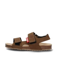 Ruske sandaali, joissa on kaksi säädettävää Velcro-hihnaa, korkki-pohja ja teksturoitu kumipohja. Avoin kärki malli, jossa on leikkuja sivuilla.