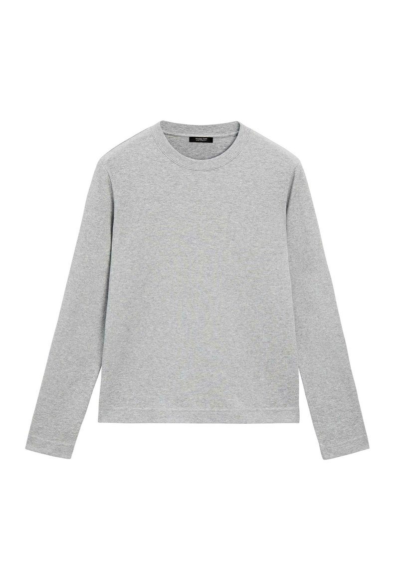 Langärmliger grauer Sweater aus weichem Baumwollstoff, mit rundem Ausschnitt, geradem Schnitt und gerippten Bündchen sowie Saum. Keine sichtbaren Muster oder Akzente.