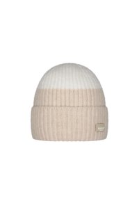 Knitted beanie in cream and beige tones with horizontal ribbed texture, featuring a small branded tag on the side. Soft wool material.