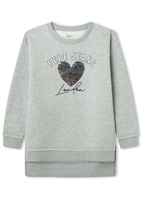 Světle šedá mikina s kulatým výstřihem s flitrovým srdíčkem a potiskem "Pepe Jeans London." Obsahuje ribbenové manžety a lem, delší zadní design.