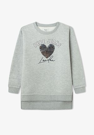 Szary sweter z okrągłym dekoltem, ozdobiony cekinowym sercem oraz nadrukowanym napisem "Pepe Jeans London." Posiada ściągacze przy mankietach i na dole, a także dłuższy tył.