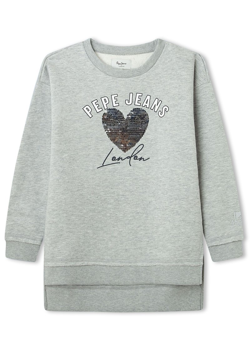 Světle šedá mikina s kulatým výstřihem s flitrovým srdíčkem a potiskem "Pepe Jeans London." Obsahuje ribbenové manžety a lem, delší zadní design.