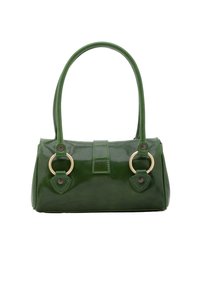 Groene glanzende leren handtas met een ronde vorm, dubbele handgrepen, gouden hardware accenten en decoratieve stiksels bij de handvatbevestigingen.