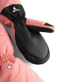 Roze en zwarte wanten met een gestructureerde zwarte palm, elastische pols en een wit sterrenlogo. De stof lijkt duurzaam en weersbestendig.