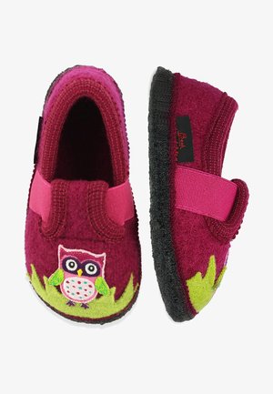 Filzpantoffeln in Fuchsia mit einem pinken Riemen. Mit einem Eulendesign und bunten Akzenten auf einer grünen Grasfläche. Schwarze Gummisohle.