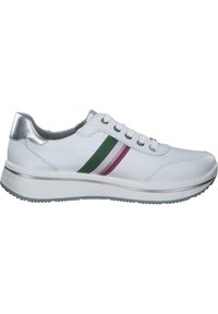 White leather sneaker with silver accents, featuring green, pink, and purple stripes. Lace-up design with mesh lining and rubber sole.