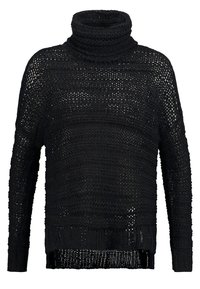 Maglione nero a maglia con colletto alto ripiegato, vestibilità ampia e motivo a trama aperta testurizzata. Maniche lunghe e orlo posteriore leggermente più lungo.