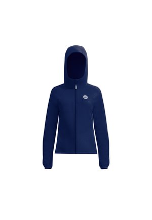 Marineblauwe ritstrui met een aansluitende capuchon, gemaakt van textuurstof; heeft een geborduurd logo op de borst en lange mouwen.