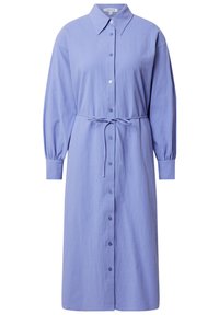 Himmelblaues Hemdblusenkleid mit langen Ärmeln, Krawattenbund und lockerer Passform. Hergestellt aus einem strukturierten Stoff, mit einem klassischen Kragen.
