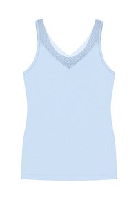 Light blue tank top with a V-neckline, featuring lace trim at the neck. Made from a smooth textile, it has thin shoulder straps and a fitted shape.