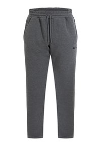 Graue Sweatpants aus weichem Stoff, mit einem elastischen Bund und Kordelzug, seitlichen Taschen und einer schmal zulaufenden Beinform.