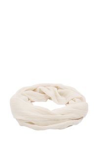 Kremowy szalik w kształcie nieskończoności wykonany z lekkiego materiału, charakteryzujący się miękką, teksturowaną powierzchnią oraz prostym, ciągłym wzorem.