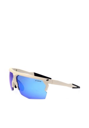 Occhiali da sole sportivi beige e neri con grandi lenti specchiate blu e una montatura parziale, progettati per attività all'aperto.