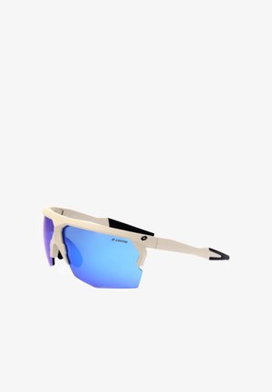 Occhiali da sole sportivi beige e neri con grandi lenti specchiate blu e una montatura parziale, progettati per attività all'aperto.