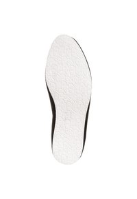 Dessus de chaussure noire avec une semelle blanche texturée présentant un motif géométrique et un logo. La semelle est légèrement incurvée pour un ajustement ergonomique.