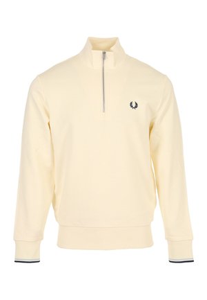Pullover crema a maniche lunghe con collo con cerniera parziale, polsini e orlo a coste, e piccolo logo di alloro nero sul petto sinistro.