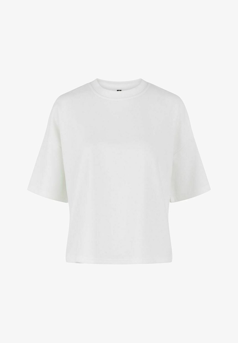 T-shirt court blanc uni avec manches courtes et encolure ronde présenté sur fond blanc.