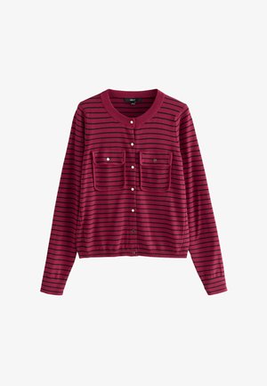 Punane triibuline kardigan pikkade varrukatega, kahe esipocketiga ja nööbiga kinnitamisega. Pehme kangas, millel on horisontaalsed hallid triibud.