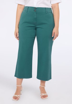 Pantalons larges teal en tissu doux, dotés d'une taille mi-haute, de deux poches avant et d'une fermeture à double bouton.