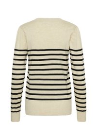 Beige pulóver fekete vízszintes csíkokkal, hosszú ujjal és kerek nyakkivágással. Puha textúra, bordázott aljjal és mandzsettával.