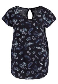 Blusa azul marino de mangas cortas con un patrón de paisley y flores en tonos de azul y verde. Detalle en la espalda con forma de ojal. Tela ligera.