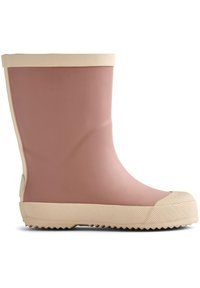 Botte de pluie en caoutchouc rose avec des accents crème, embout rond, semelle texturée et finition lisse. Conçue pour un usage étanche.
