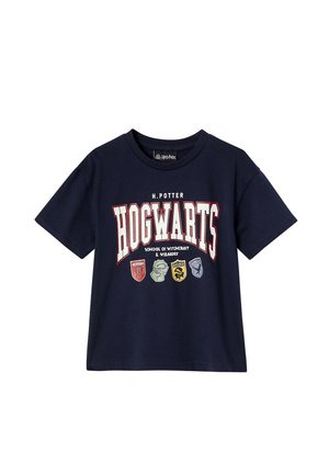 Navy blue short-sleeve T-shirt with "H. Potter HOGWARTS School of Witchcraft & Wizardry" text and four house crests on front.