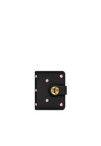 Black leather wallet with pink polka dots, rectangular shape, featuring a round gold snap closure with a zigzag design.