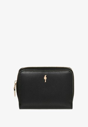 Czarny skórzany portfel o teksturowanym wykończeniu, złoty zamek błyskawiczny oraz małe, wytłoczone logo ptaka z przodu. Kompaktowy, prostokątny kształt.